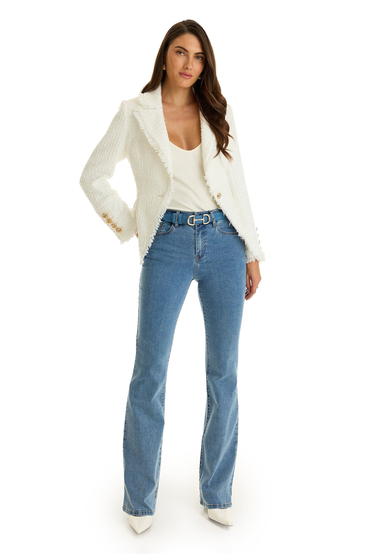 Giselle Single Breasted Tweed Blazer - White