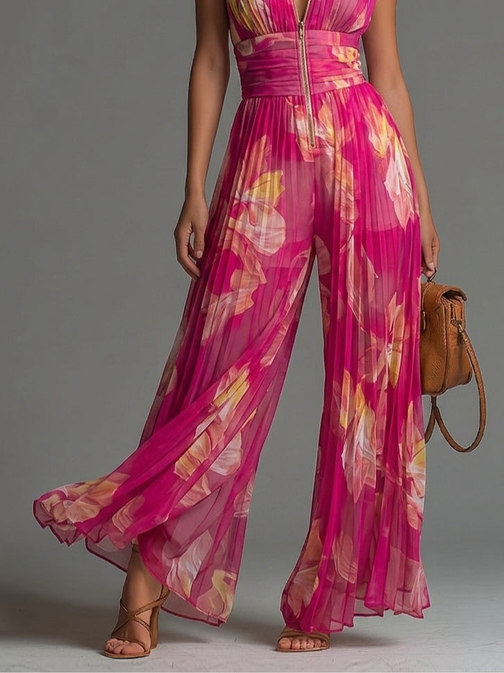 ESENCIAL - Mono plisado de gasa con estampado floral fucsia