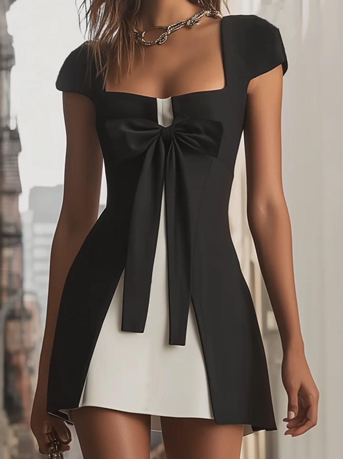 Minivestido con lazo en contraste blanco y negro