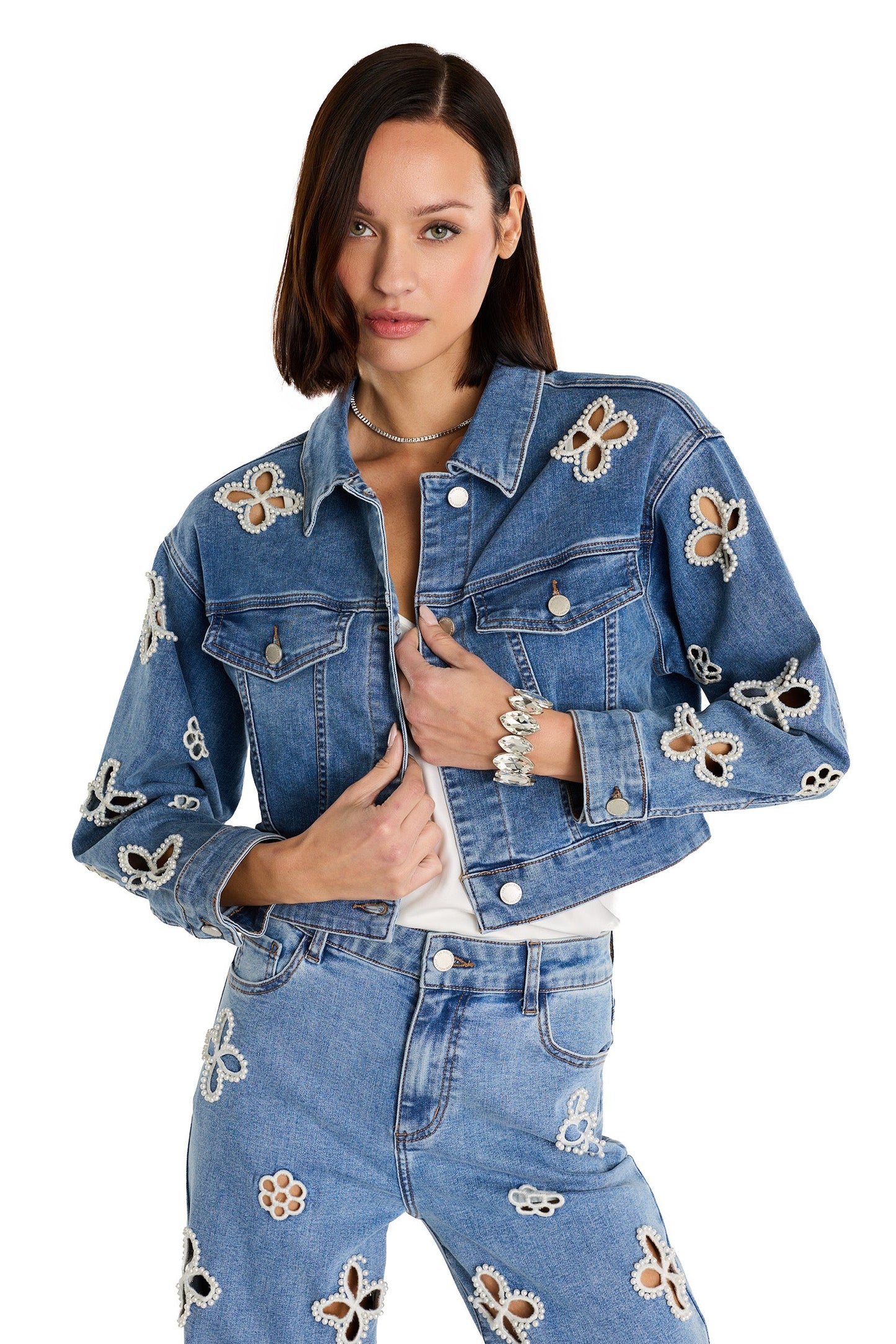 Kaia Pearl Jean Jacket - Medium Blue