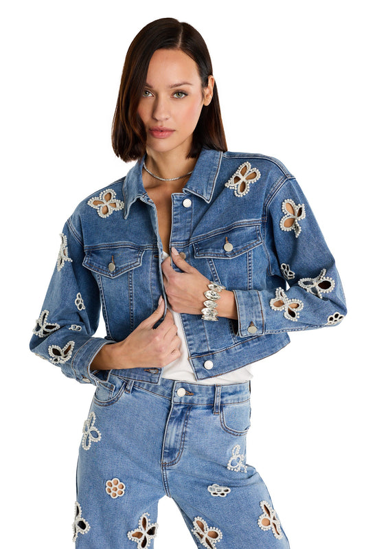 Kaia Pearl Jean Jacket - Medium Blue
