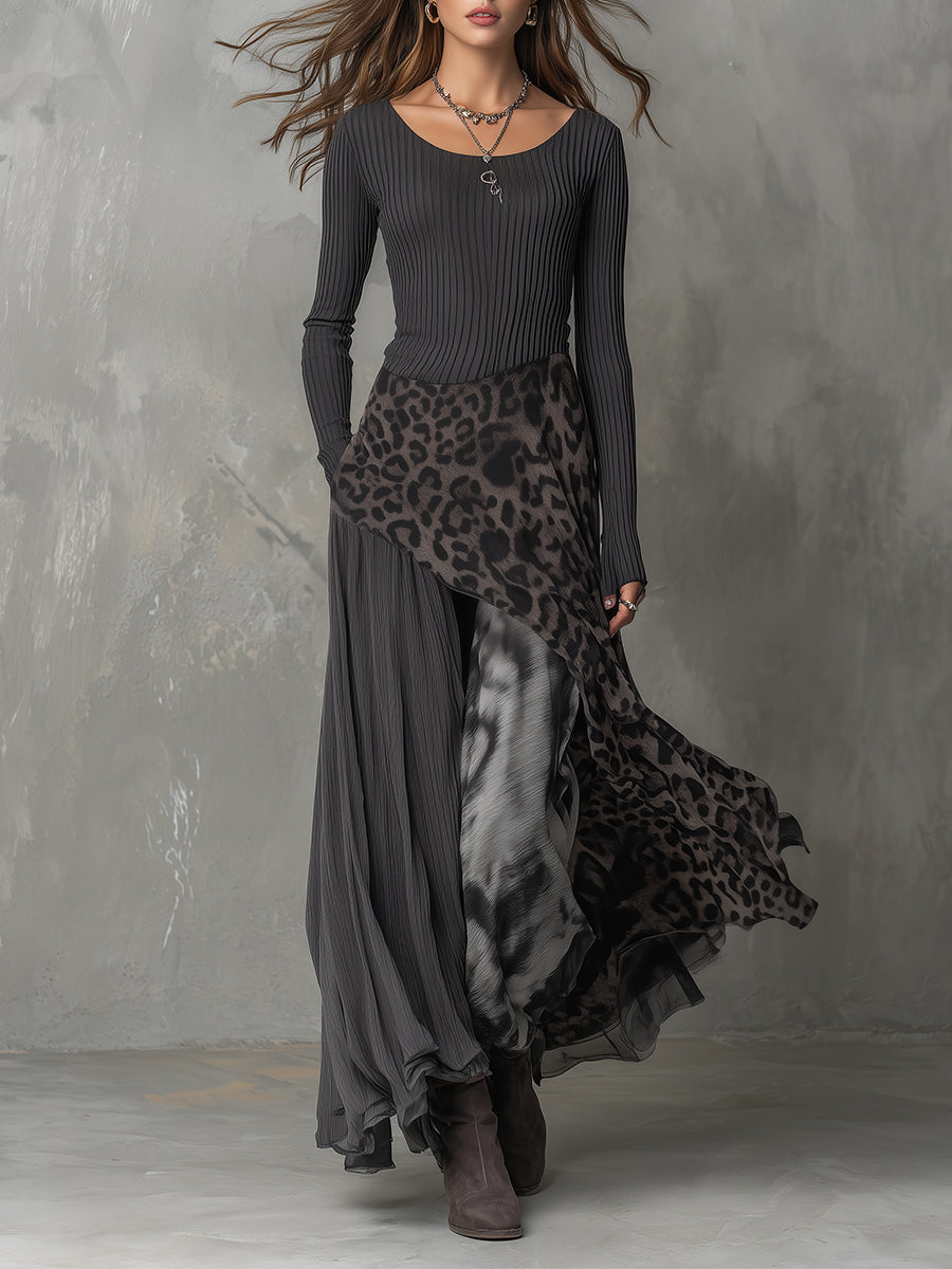 Martina - Vestido largo de estilo bohemio con estampado de leopardo
