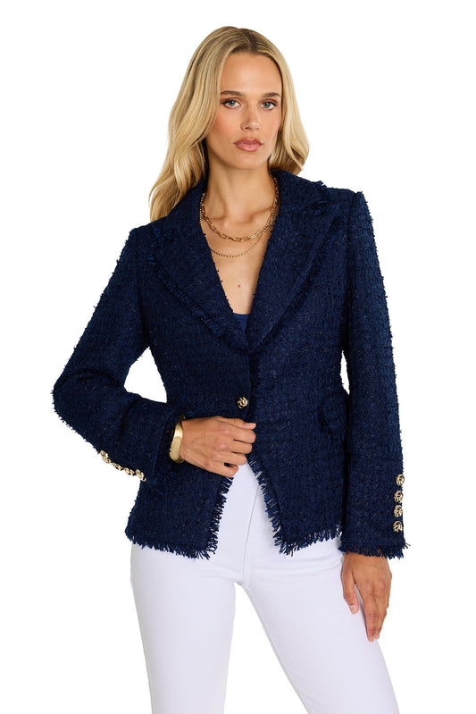 Giselle Single Breasted Tweed Blazer - Navy