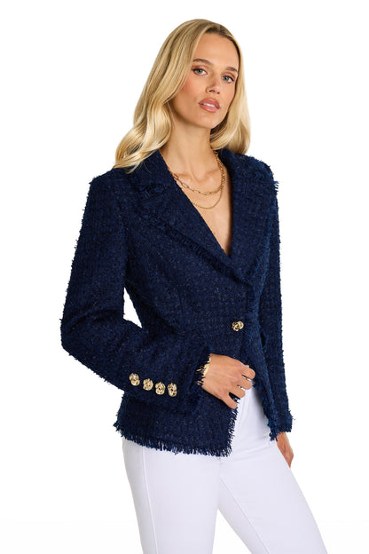 Giselle Single Breasted Tweed Blazer - Navy