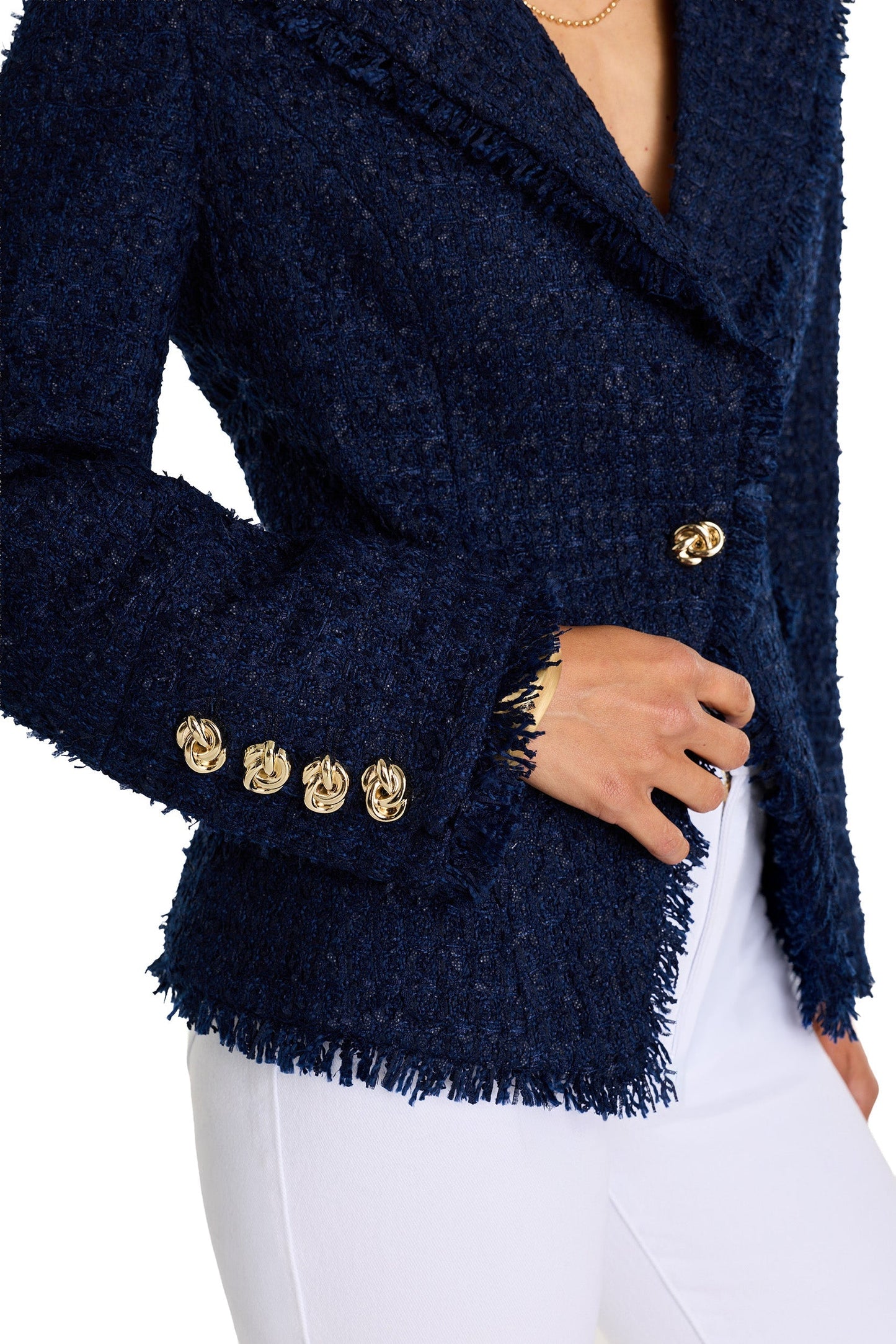Giselle Single Breasted Tweed Blazer - Navy