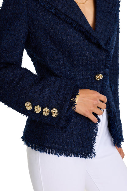 Giselle Single Breasted Tweed Blazer - Navy
