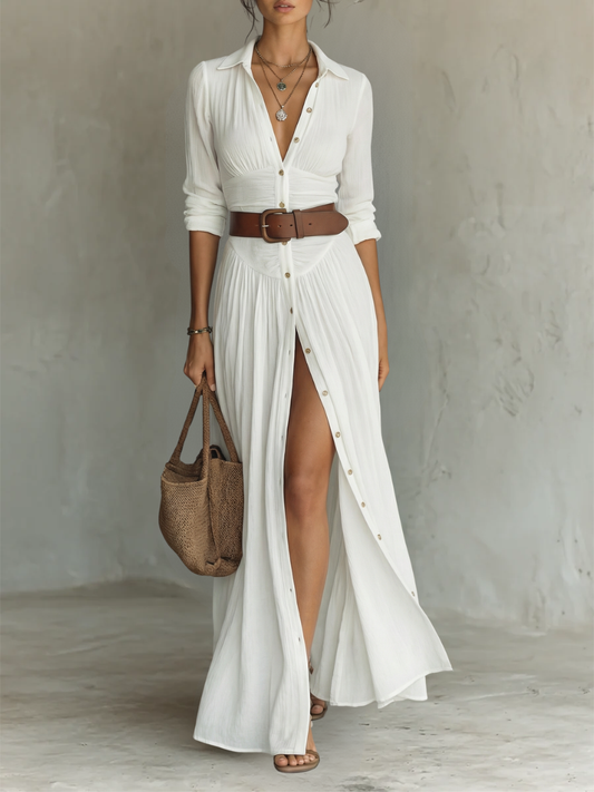 ESENCIAL - Vestido largo maxi con cuello con muescas y mangas largas para mujer