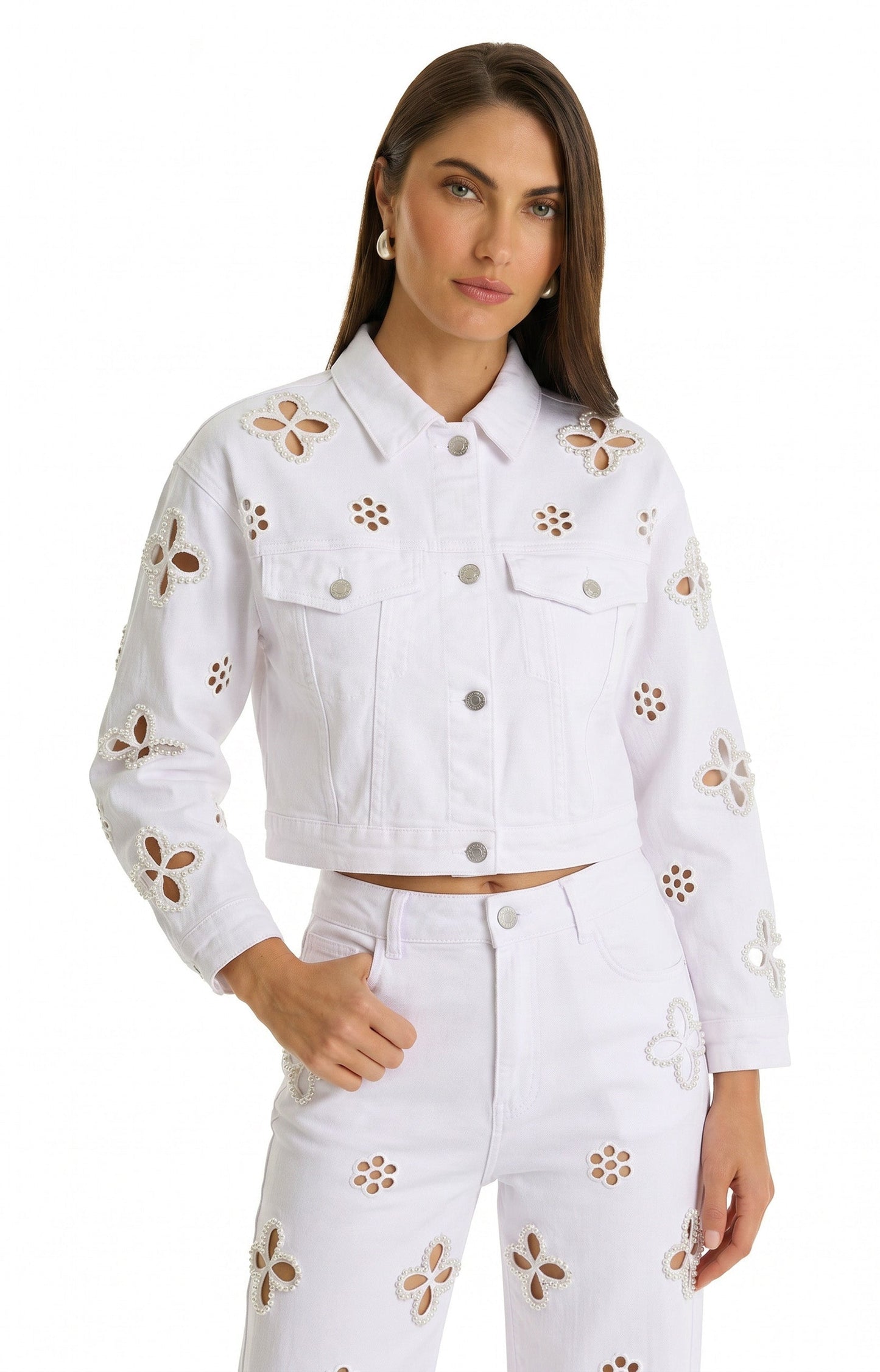 Kaia Pearl Jean Jacket - White