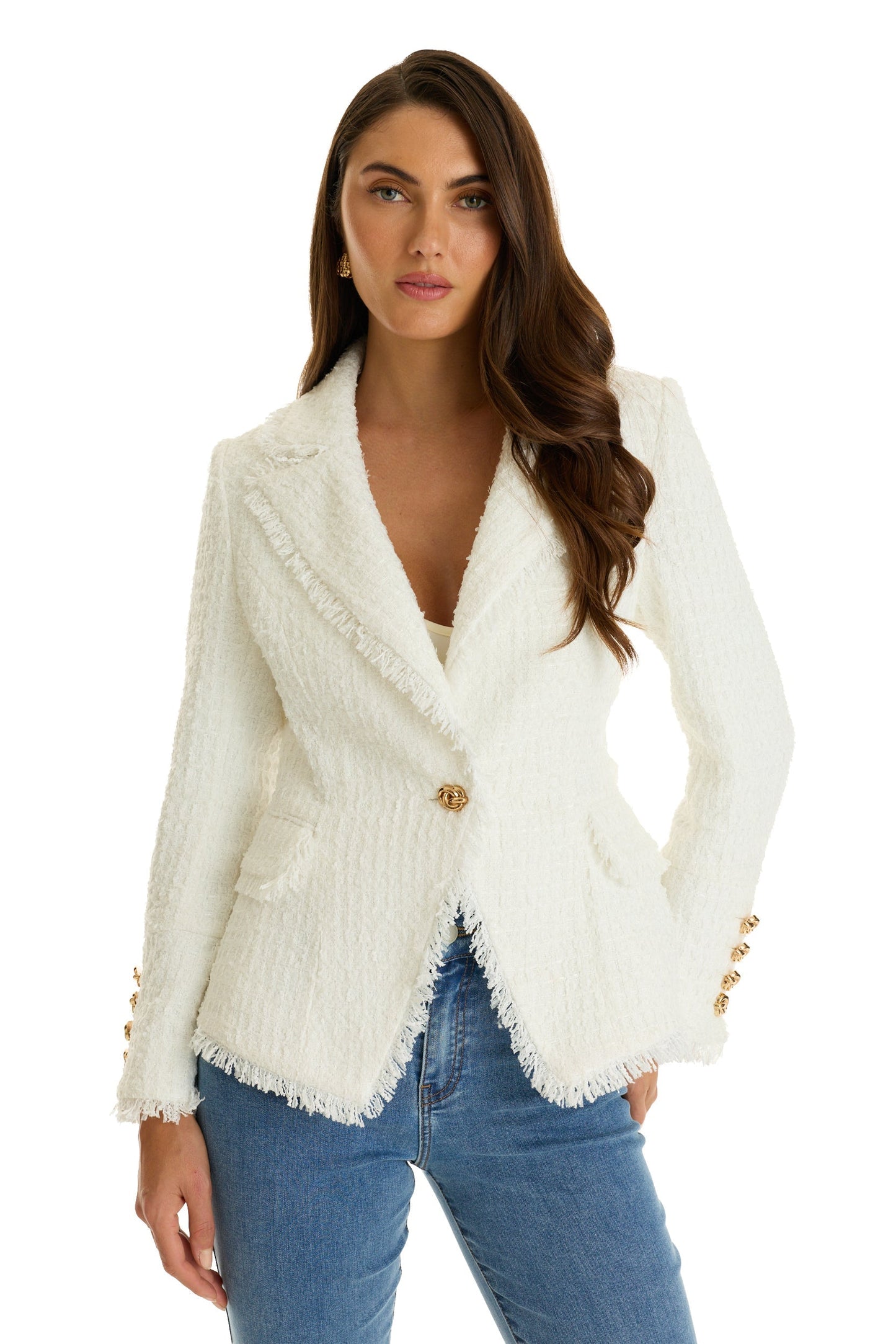 Giselle Single Breasted Tweed Blazer - White