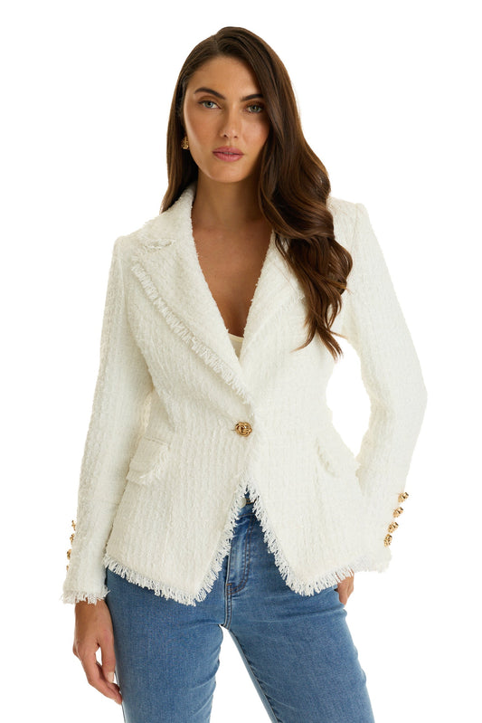 Giselle Single Breasted Tweed Blazer - White
