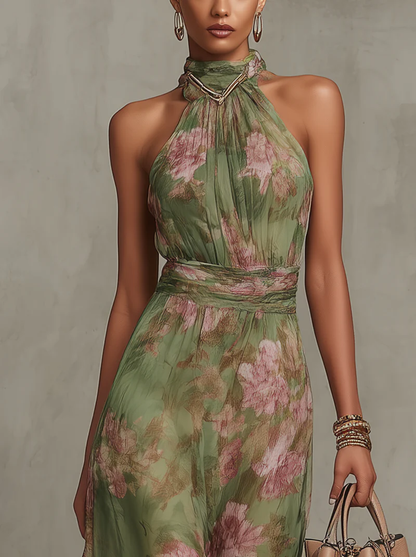 ESSENTIEL - Serena ∙ Robe longue en mousseline fleurie verte avec col montant licou