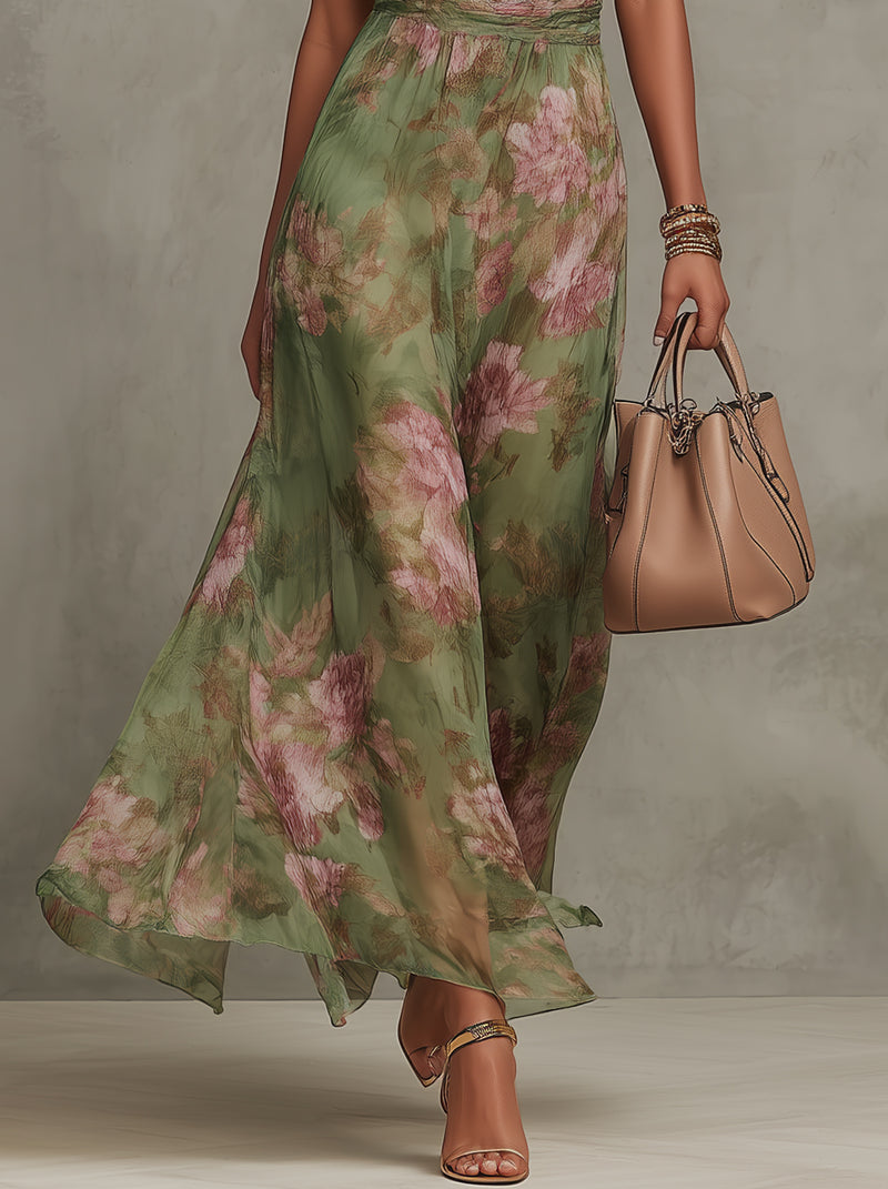 ESSENTIEL - Serena ∙ Robe longue en mousseline fleurie verte avec col montant licou