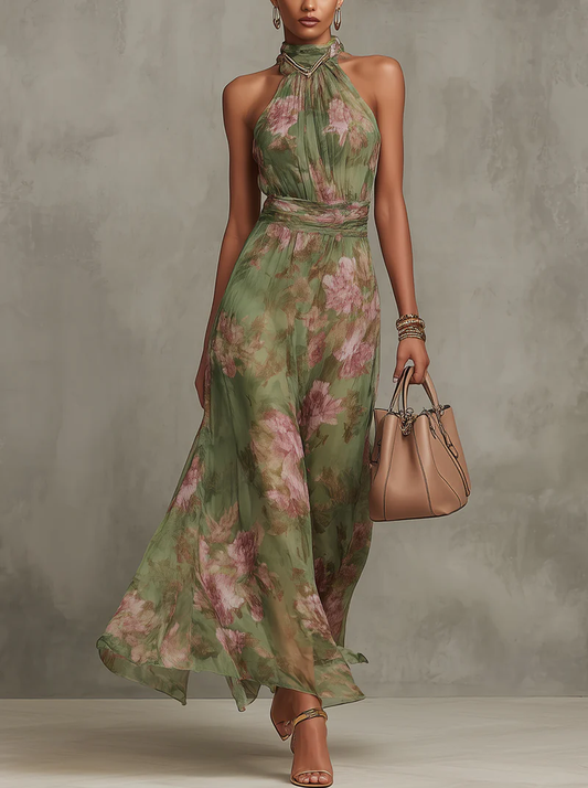 INDISPENSABLE - Serena ∙ Vestido largo de gasa floral verde con cuello halter