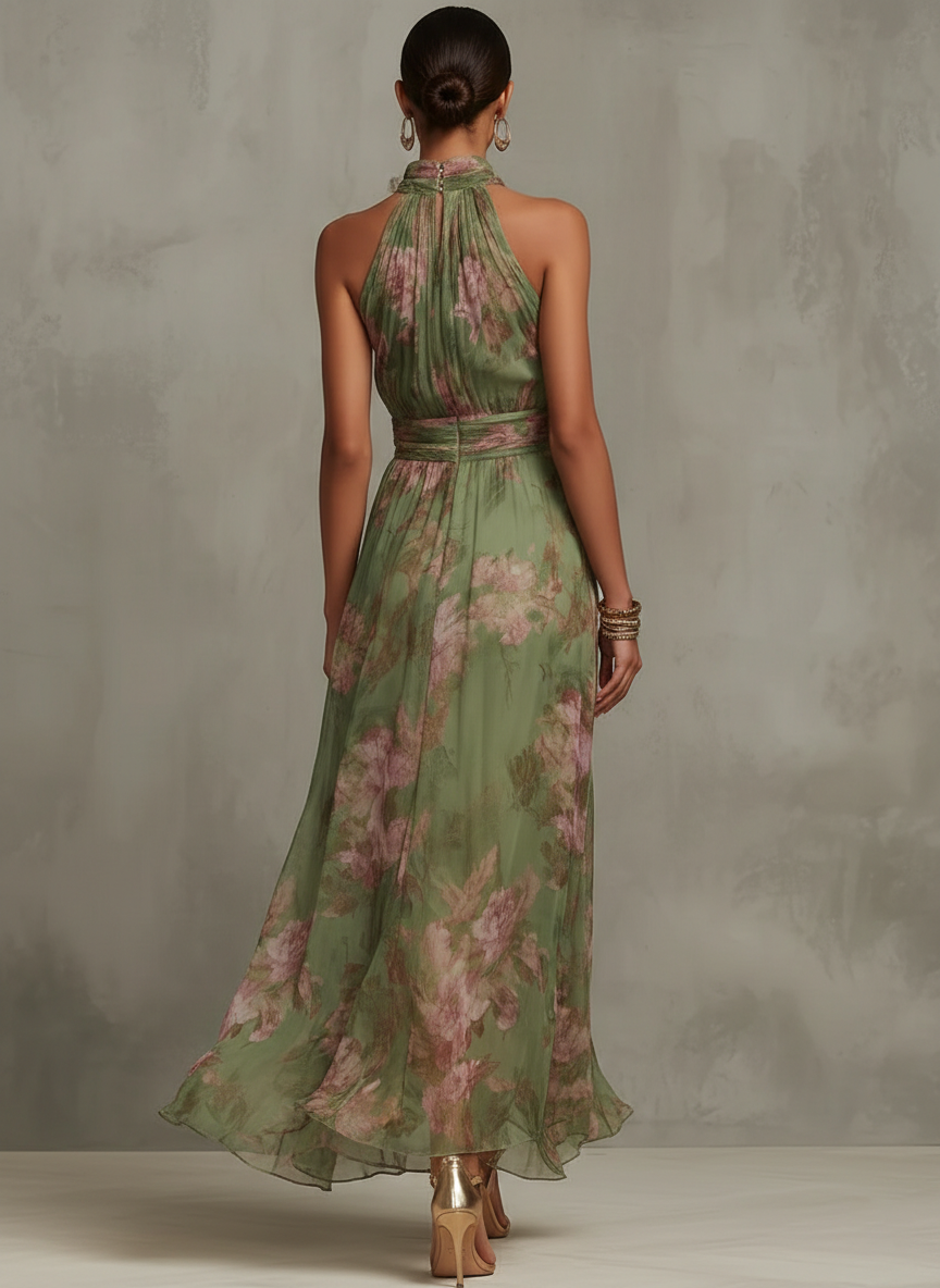 ESSENTIEL - Serena ∙ Robe longue en mousseline fleurie verte avec col montant licou