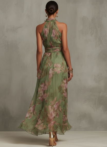 ESSENTIEL - Serena ∙ Robe longue en mousseline fleurie verte avec col montant licou
