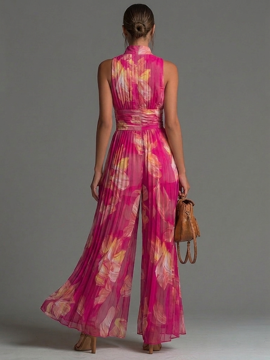 ESENCIAL - Mono plisado de gasa con estampado floral fucsia