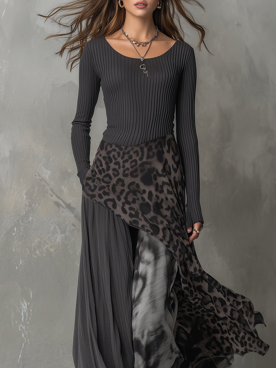 Martina - Vestido largo de estilo bohemio con estampado de leopardo